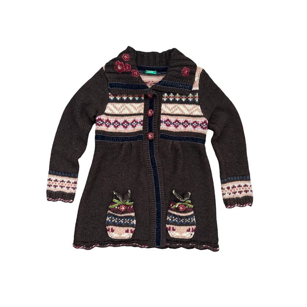 United Colors of Benetton Girls Brown Knit Cardigan Velvet‎ Trim Sequin Size 7/8